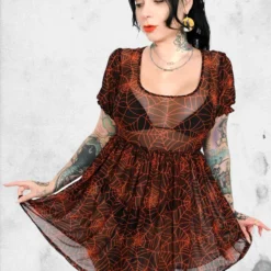 Cobweb Mesh Babydoll Dress -Mortem Horror Shop mesh foxblood spiderweb dress