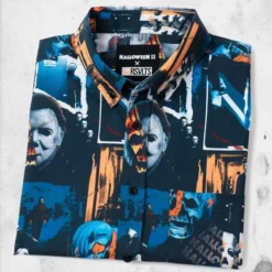 Halloween II "Mural Of A Madman" Button-Up -Mortem Horror Shop michael myers halloween themed button up shirt