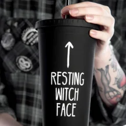 Resting Witch Face Cold Brew Tumbler -Mortem Horror Shop resting witch face mug tumbler